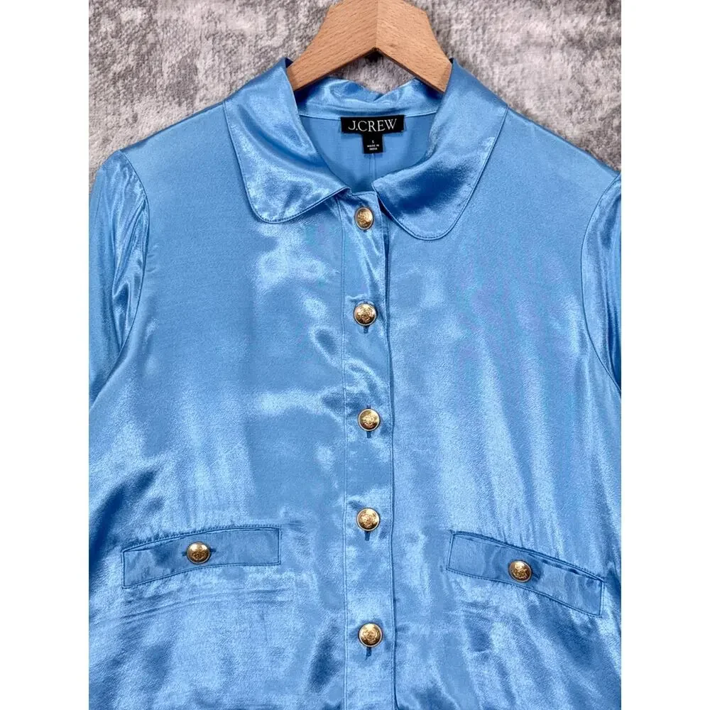 New J Crew Top Small Womens Lady Shirt Jacket In Blue Luster Crepe